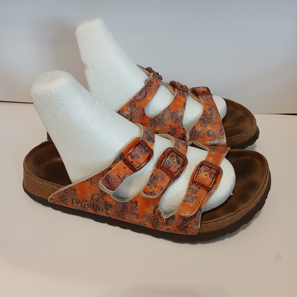 Birkenstock Papillio Florida Sandals Three Strap Orange Paisley Women 6.5 EU 37